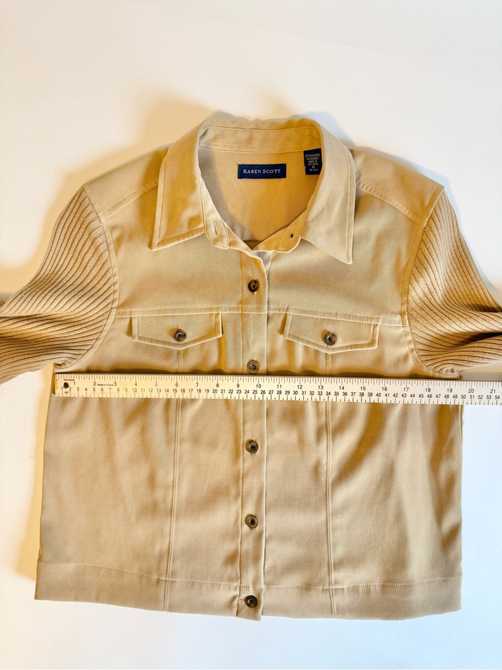 Karen Scott Mixed Media Faux Suede Camel Ribbed Knit Sleeve Shacket Jacket M - Picture 7 of 10